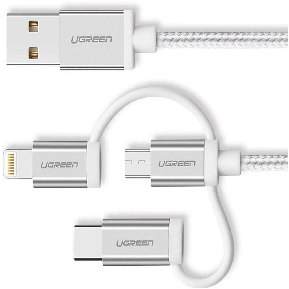 50203 - Переходник Ugreen US186 USB 2.0 A To Micro USB+Lightning+Type C (3 in 1) Cable Sliver 1.5M, 50203