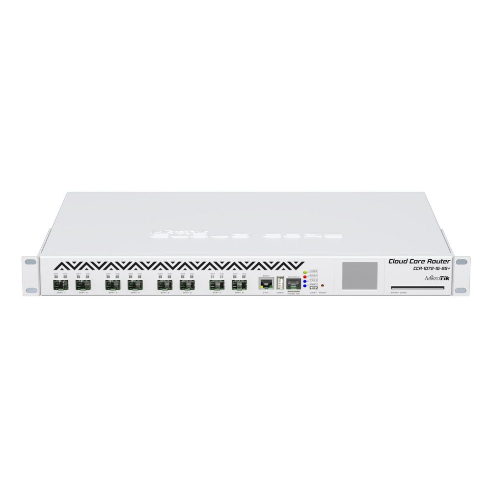 Маршрутизатор MIKROTIK CCR1072-1G-8S+ Cloud Core Router 1072-1G-8S+ with Tilera Tile-Gx72 CPU (72-cores, 1GHz per core), 16GB RAM, 8xSFP+ cage, 1xGbit LAN, RouterOS L6, 1U, rackmount case, two redundant hot plug PSU, LCD panel {1}