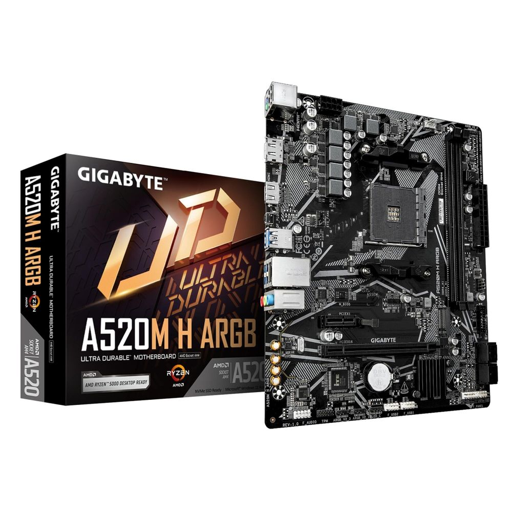Материнская плата Gigabyte A520M H ARGB, AM4, AMD A520, 2xDDR4, 4xSATA, 1xM.2, 1xPCIe 3.0 x16, 1xPCIe x1, 1xHDMI, 1xDP, 1x1Gb LAN, 4xUSB-A 5Gbps, 2xUSB-A 2.0, 1xPS/2, 3x3.5 мм, 7.1, mATX