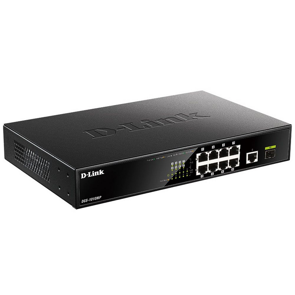 Коммутатор D-Link DGS-1010MP/A1A, 9×1GbE, 8×PoE, 1×SFP, 125W PoE