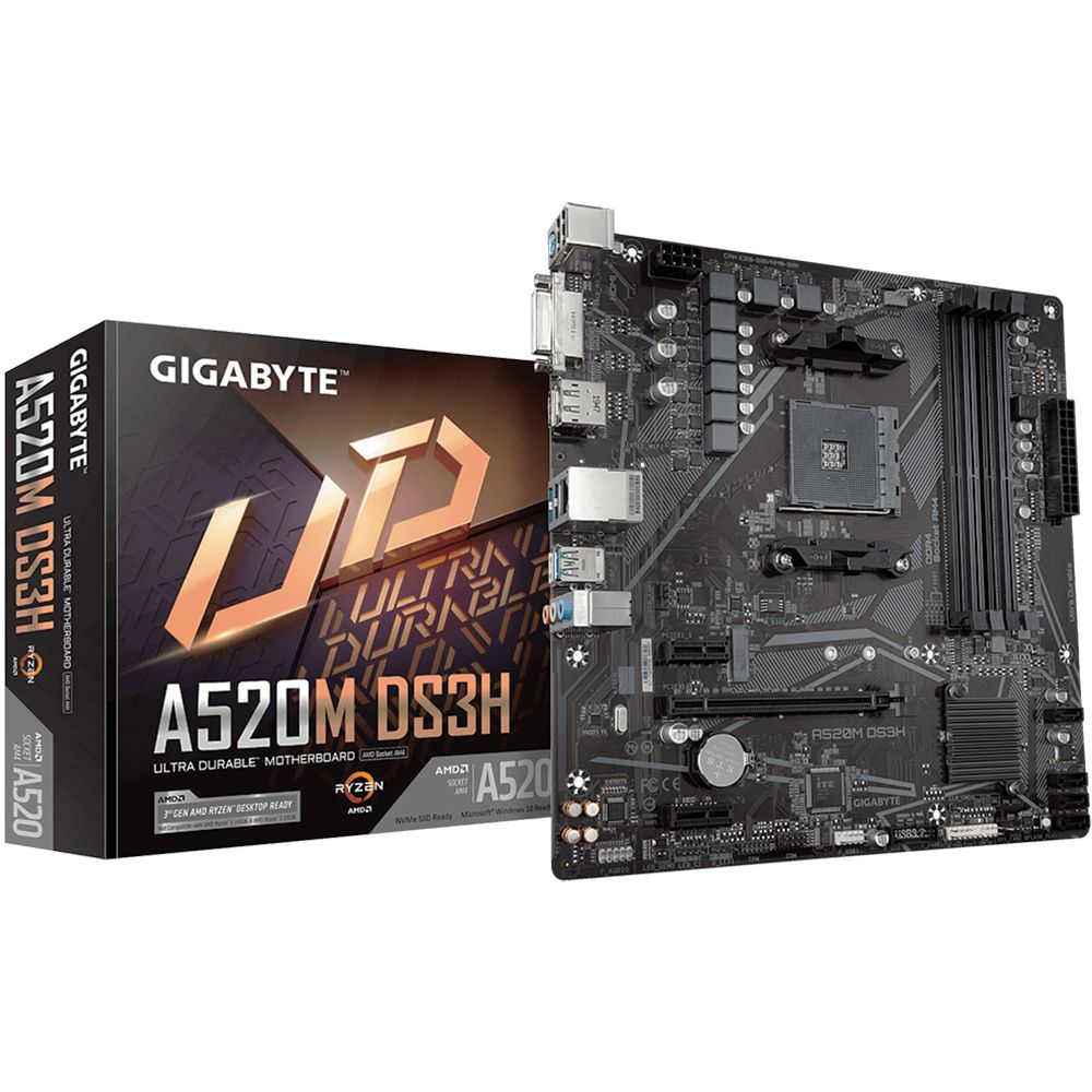 Материнская плата Gigabyte Bad Pack A520M DS3H, Socket AM4, AMD A520, 4xDDR4-3200,  0/1/10), 1xM.2, 8 Ch Audio, GLan, (2+2)xUSB2.0, (4+2)xUSB3.2, 1xPS/2, mATX, RTL {10}DVI-D+HDMI+DP, 1xPCI-Ex16, 2xPCI-Ex1, 4xSATA3(RAID