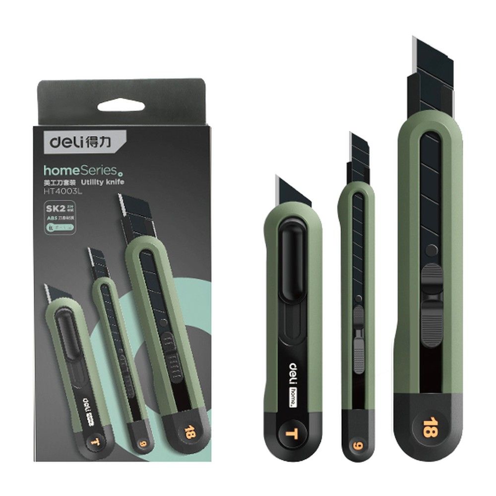 Набор технических ножей "Home Series Green" Deli Bad Pack  HT4003L (ножи 9мм+18мм+Т-образный), эксклюзивный дизайн, корпус из высококачественного софттач пластика