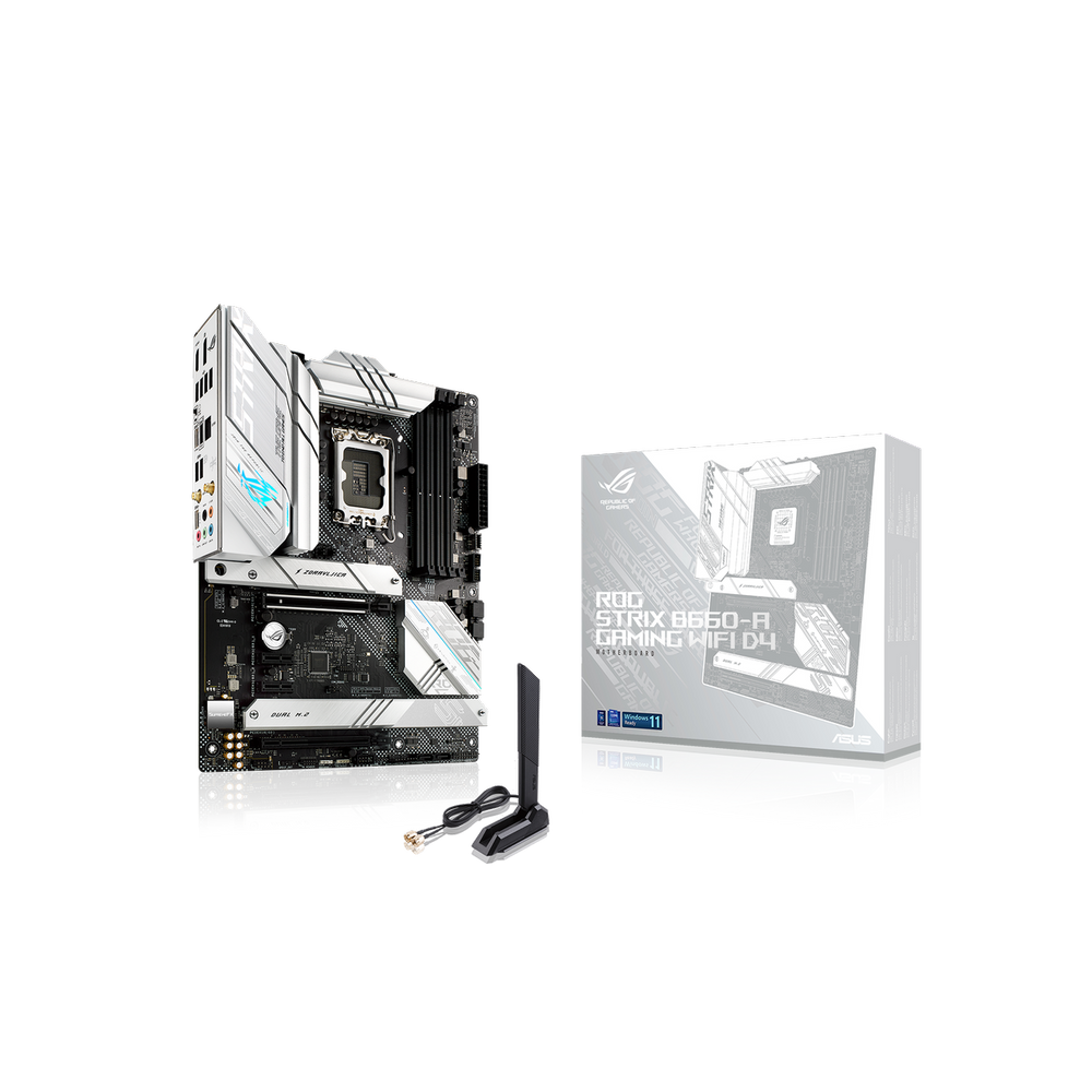 Материнская плата ASUS ROG STRIX B660-A GAMING WIFI D4, LGA 1700, Intel B660, 4xDDR4, 4xSATA, 3xM.2, 1xPCIe 5.0 x16, 1xPCIe 3.0 x4, 2xPCIe x1, 1xHDMI, 1xDP, 1x 2.5Gb LAN, 4xUSB 2.0, 2xUSB 3.2 Gen 1, 1xUSB-A 3.2 Gen 2, 1xUSB-C 3.2 Gen 1, 1xUSB-C 3.2 Gen 2x2, 5x3.5 мм, 7.1, ATX