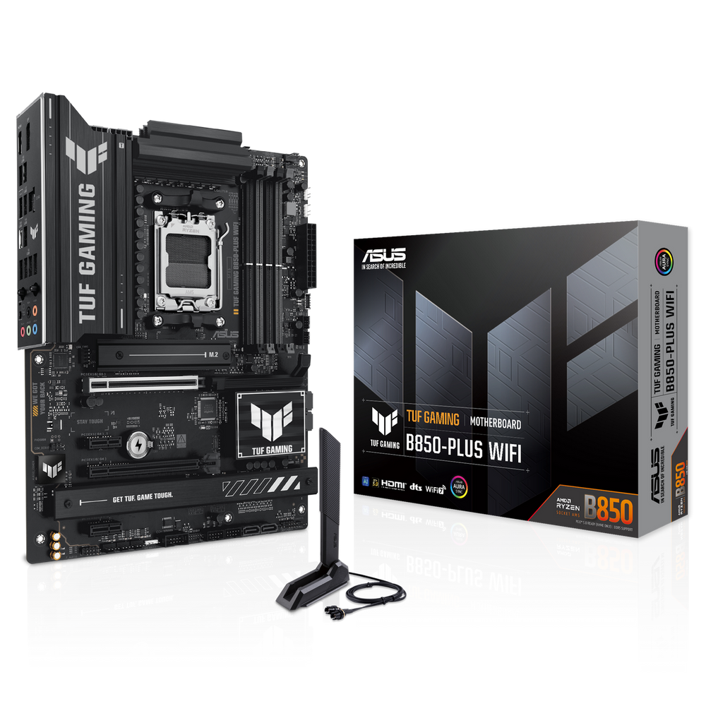 Материнская плата ASUS TUF GAMING B850-PLUS WIFI, AM5, AMD B850, 4xDDR5, 4xSATA, 3xM.2, 1xPCIe 5.0 x16, 1xPCIe 4.0 x16, 2xPCIe 4.0 x1, DisplayPort, HDMI, 1x2.5Gb LAN, USB Type-C, 5x3.5 мм, 7.1, ATX