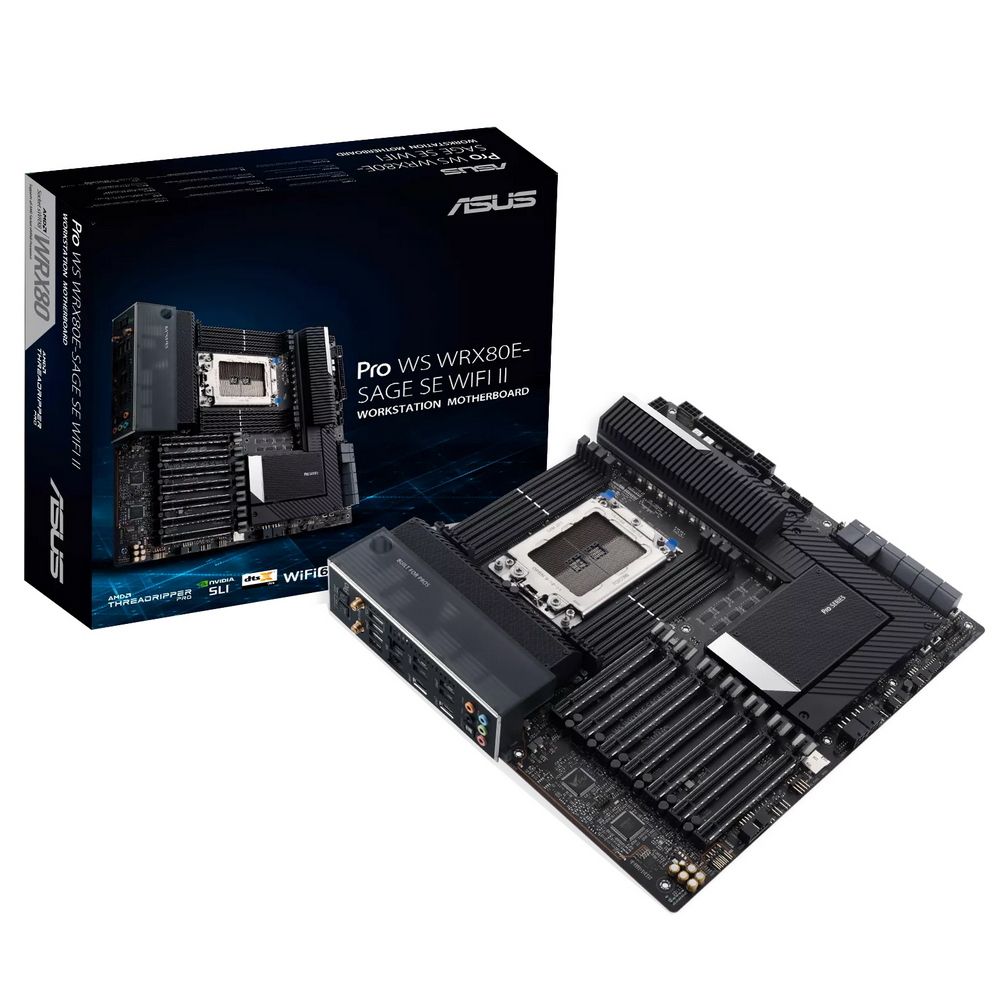 Материнская плата ASUS Pro WS WRX80E-SAGE SE WIFI II, sWRX8, AMD WRX80, 8xDDR4, 8xSATA, 3xM.2, 7xPCI-E 4.0 x16, 2xRJ-45 10Gb, 8xUSB 3.2 Gen 2, 1xUSB 3.2 Gen 2, 1xUSB 3.2 Gen 2x2, 5x3.5 мм, 7.1, E-ATX