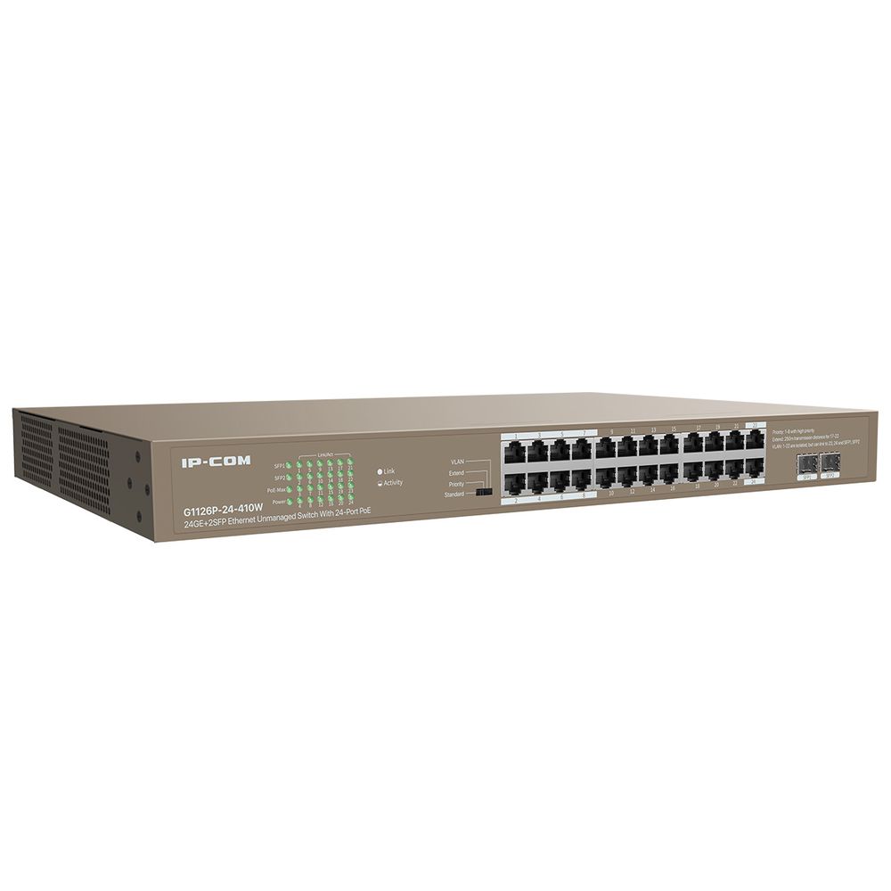 Коммутатор IP-COM G1126P-24-410W Коммутатор неуправляемый PoE, 24 порта 24x1 Гбит/с, SFP 2x1 Гбит/с, PoE 24x30Вт (до 370Вт), установка в стойку, металлический