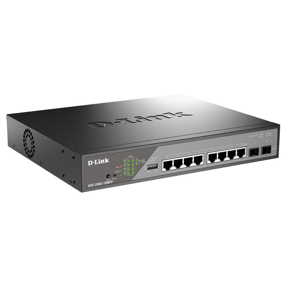 Коммутатор D-Link DSS-200G-10MPP/A1A, L2, 8×1GbE PoE, 2×SFP, PoE 242Вт