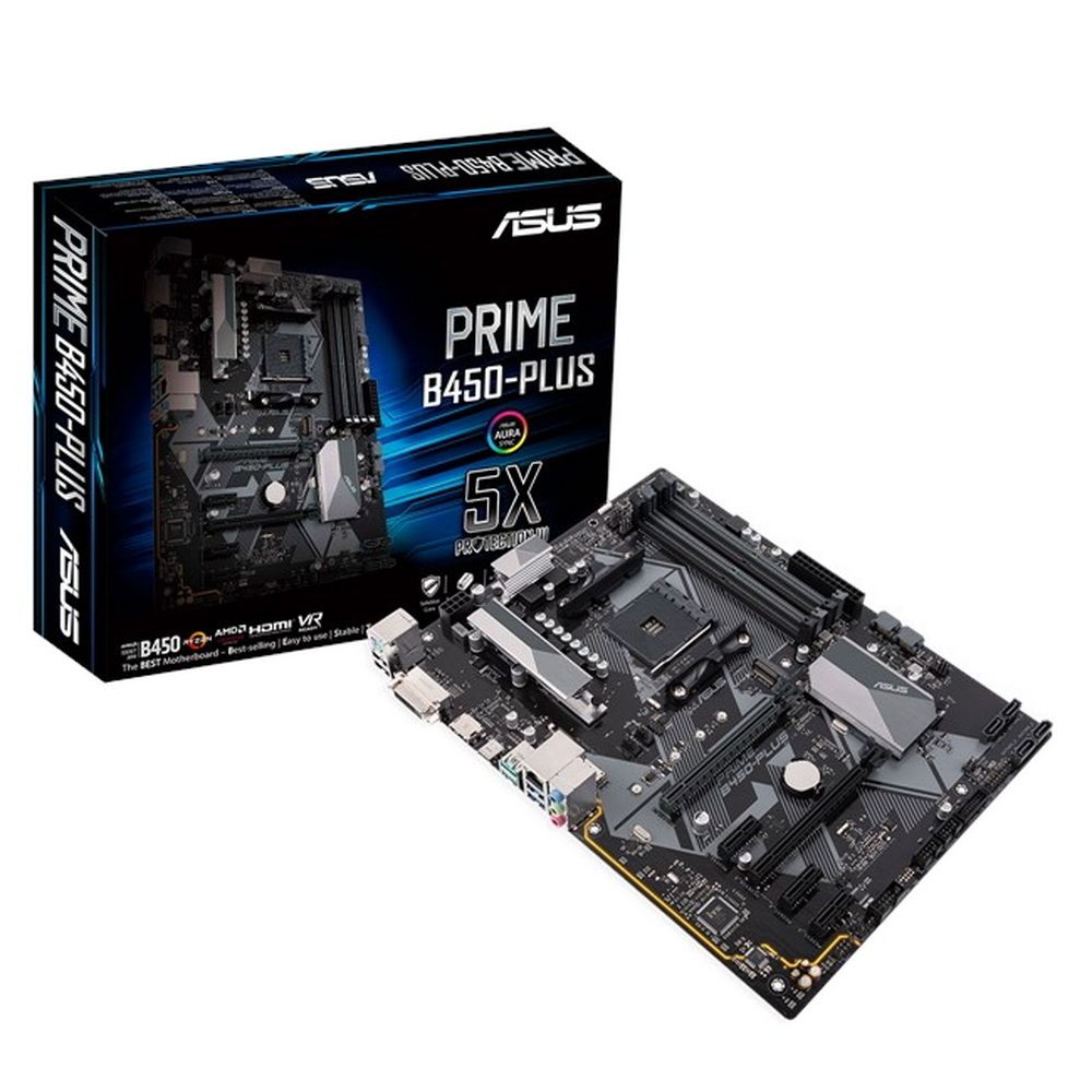 Материнская плата ASUS PRIME B450-PLUS, AM4, AMD B450, 4xDDR4, 6xSATA, 1xM.2, 1xPCIe 3.0 x16, 1xPCIe 2.0 x4, 3xPCIe x1, 1x 1Gb LAN, 2xUSB 3.2 Gen 1, 2xUSB 3.2 Gen 2, 1xUSB 2.0, 3x3.5 мм, 7.1, ATX