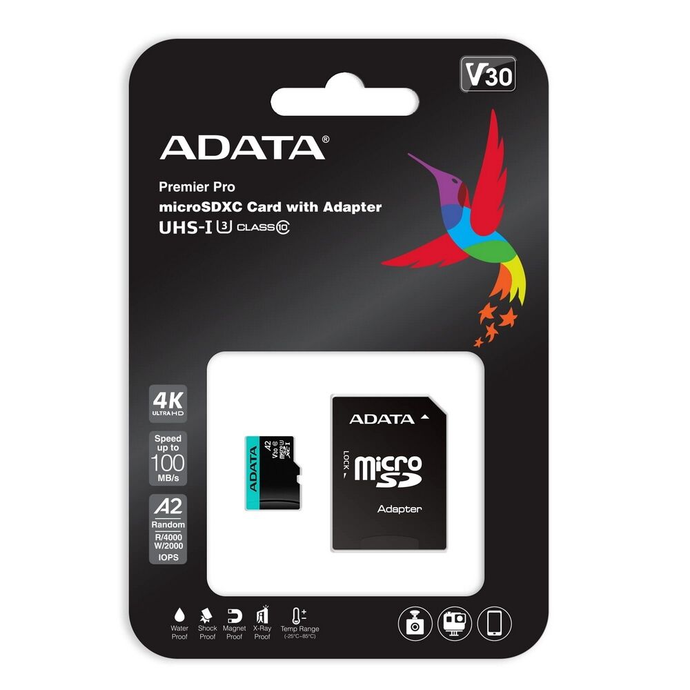 Карта памяти ADATA AUSDX128GUI3V30SA2-RA1 AUSDX128GUI3V30SA2-RA1 UHS-I U3 Class 10/V30S/A2, Adapter, 100/80 MB/s, RTL (771335)