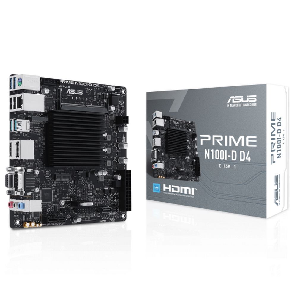 Материнская плата ASUS PRIME N100I-D D4-CSM, Intel N100 (SoC), DDR4, 1xSO-DIMM, 1xSATA, 1xM.2, 1xPCIe 3.0 x1, 1xDP, 1xHDMI, 1xVGA, 1x1Gb LAN, 2xUSB-A 10Gbps, 2xUSB-A 5Gbps, 2xUSB-A 2.0, 1xPS/2, 3x3.5 мм, 7.1, Mini-ITX