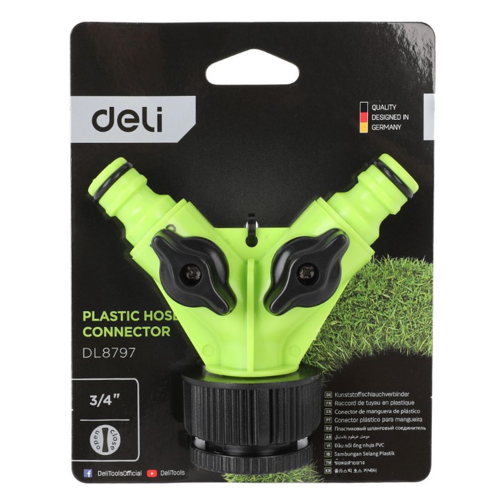 Распределитель поливочный двухканальный Deli DL8797 1"-3/4", внутренняя резьба, 2 вентиля, ударопрочный пластик