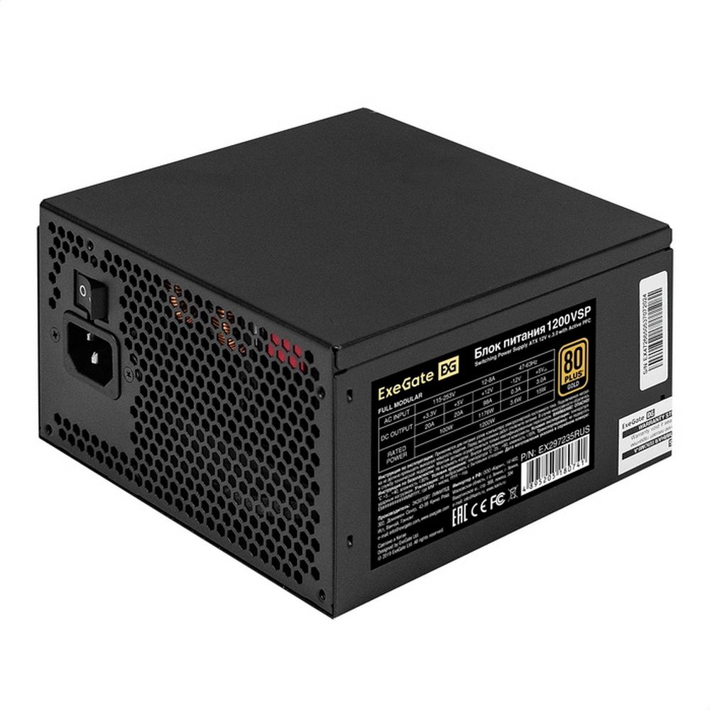 Exegate EX297235RUS Блок питания 1200W ExeGate 80 PLUS® GOLD 1200VSP FC (ATX3.0, APFC, КПД 90% (80 PLUS GOLD), 120mm fan, 24pin, 2x(4+4)pin, PCIE5.0/12VHPWR, 4xPCI-E, 9xSATA, 3xIDE, 1xFDD, Full Cable