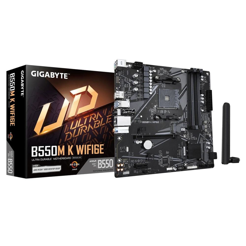 Материнская плата Gigabyte B550M-K WIFI6E, AM4, AMD B550, 4xDDR4, 4xSATA, 2xM.2, 1xPCIe 4.0 x16, 1xPCIe 3.0 x1, 1xHDMI, 1xDP, 1x1Gb LAN, Wi-Fi 6E, Bluetooth 5.3, 4xUSB-A 5Gbps, 4xUSB-A 2.0, 1xPS/2, 3x3.5 мм, 7.1, mATX