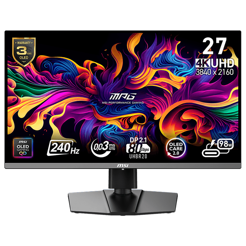 Монитор MSI 9S6-3CD79A-068 26.5" MSI MPG 272URX QD-OLED QD-OLED, 3840x2160, 240Hz, 0,03ms, 250сd/m, 1500000:1, HDR10 | 2xHDMI(2.1), DP(2.1a), Type-C(PD-98W), 2xUSB3.2 | HAS, Swivel, InPSU, Vesa 100, Black
