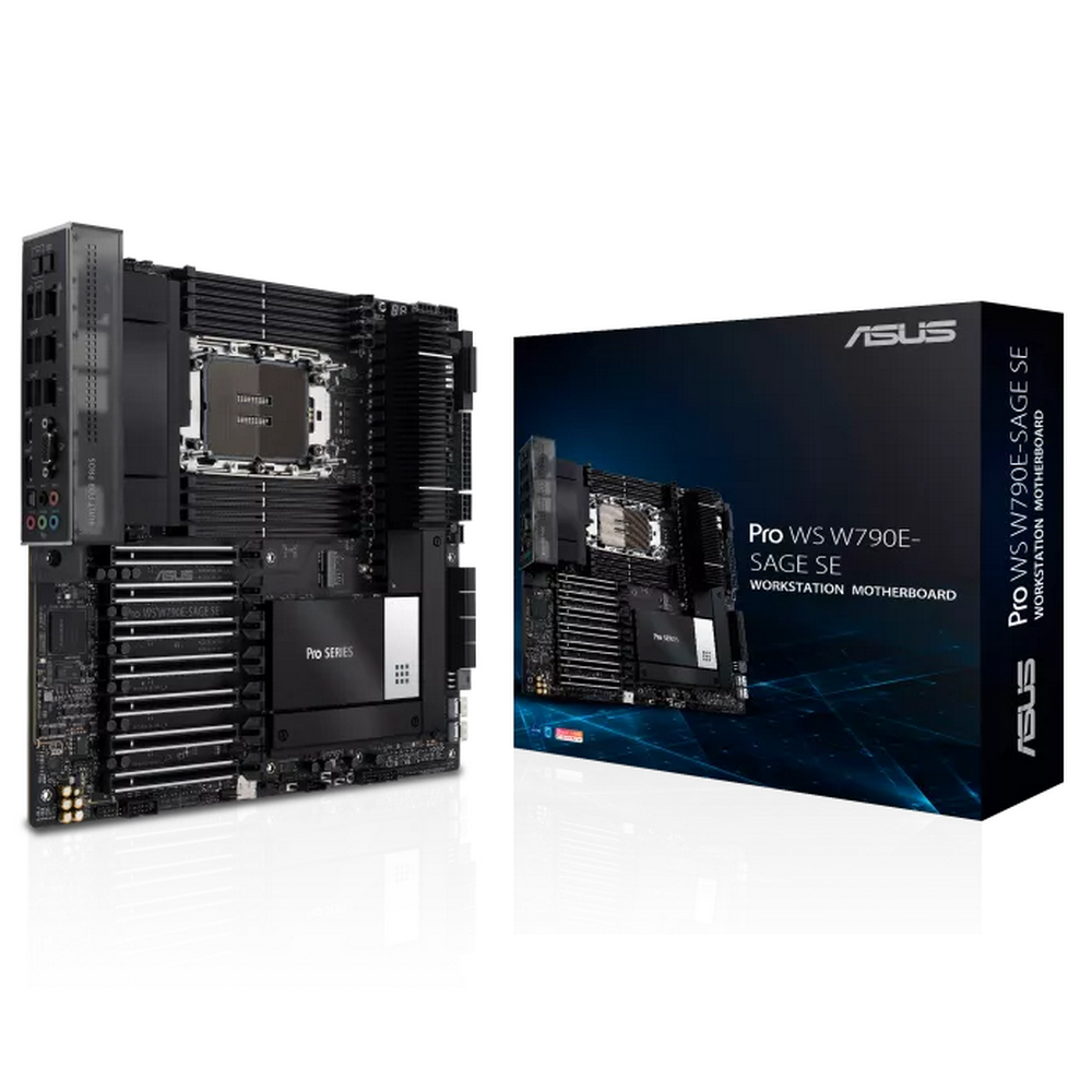 Материнская плата ASUS Pro WS W790E-SAGE SE, LGA4677, Intel W790, 8xDDR5 (ECC), 3xM.2, 2xSlimSAS, 8xSATA, 7xPCIe 5.0, 2x10Gb LAN, 1xUSB 3.2 Gen 2x2 (Type-C), 5xUSB 3.2 Gen 2 (Type-A + Type-C), 2xUSB 2.0, 5x3.5 мм, 7.1, EATX