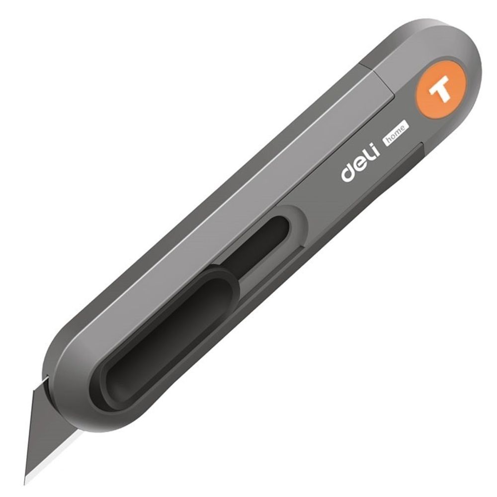 Технический нож "Home Series Gray" Deli HT4008C  Т-образное лезвие с механизмом автоматического возврата, эксклюзивный дизайн, корпус из высококачественного софттач пластика