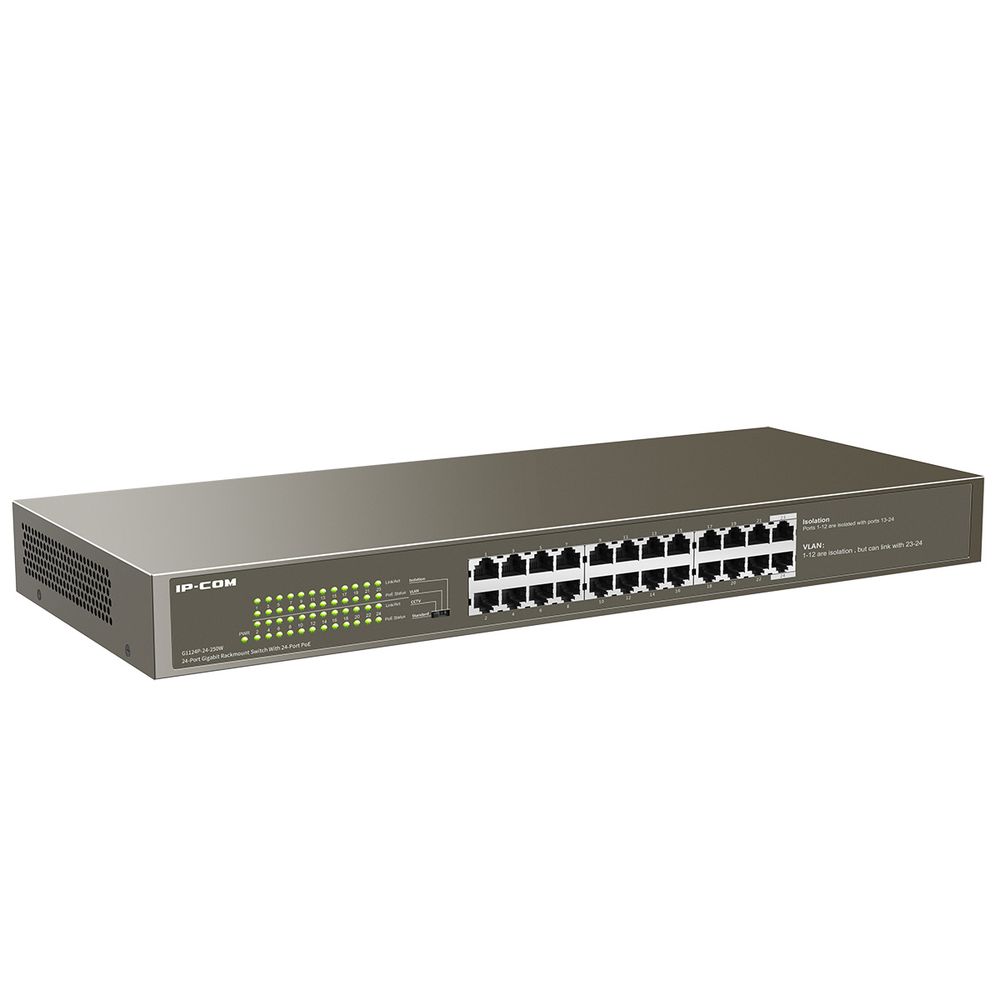 Коммутатор IP-COM G1124P-24-250W Коммутатор неуправляемый PoE, 24 порта 24x1 Гбит/с, PoE 24x30Вт (до 225Вт), установка в стойку, металлический