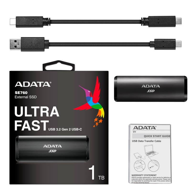 Внешний SSD 1.8" 2TB ADATA SE760 Titan-Gray External SSD [ASE760-2TU32G2-CTI] USB 3.2 Gen 2 Type-C, USB 3.2 Type-C to C cable,USB 3.2 Type-C to A cable, Quick Start Guide, RTL (773629)