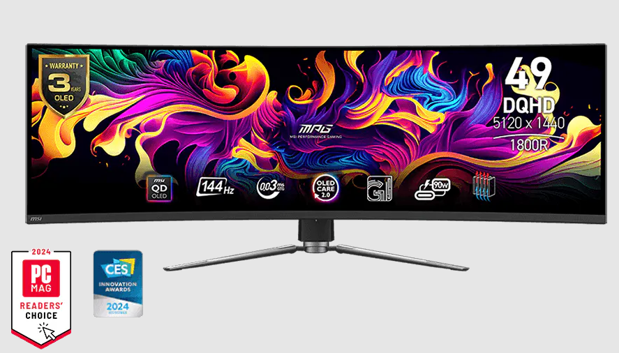 MSI MPG 49" 491CQP QD-OLED черный {QD-OLED Curved 1800R 5120x1440 144Hz 0.03ms 32:9 250cd 2xHDMI DisplayPort 2xUSB USB-C(90W) Tilt Swiv HAS Vesa}