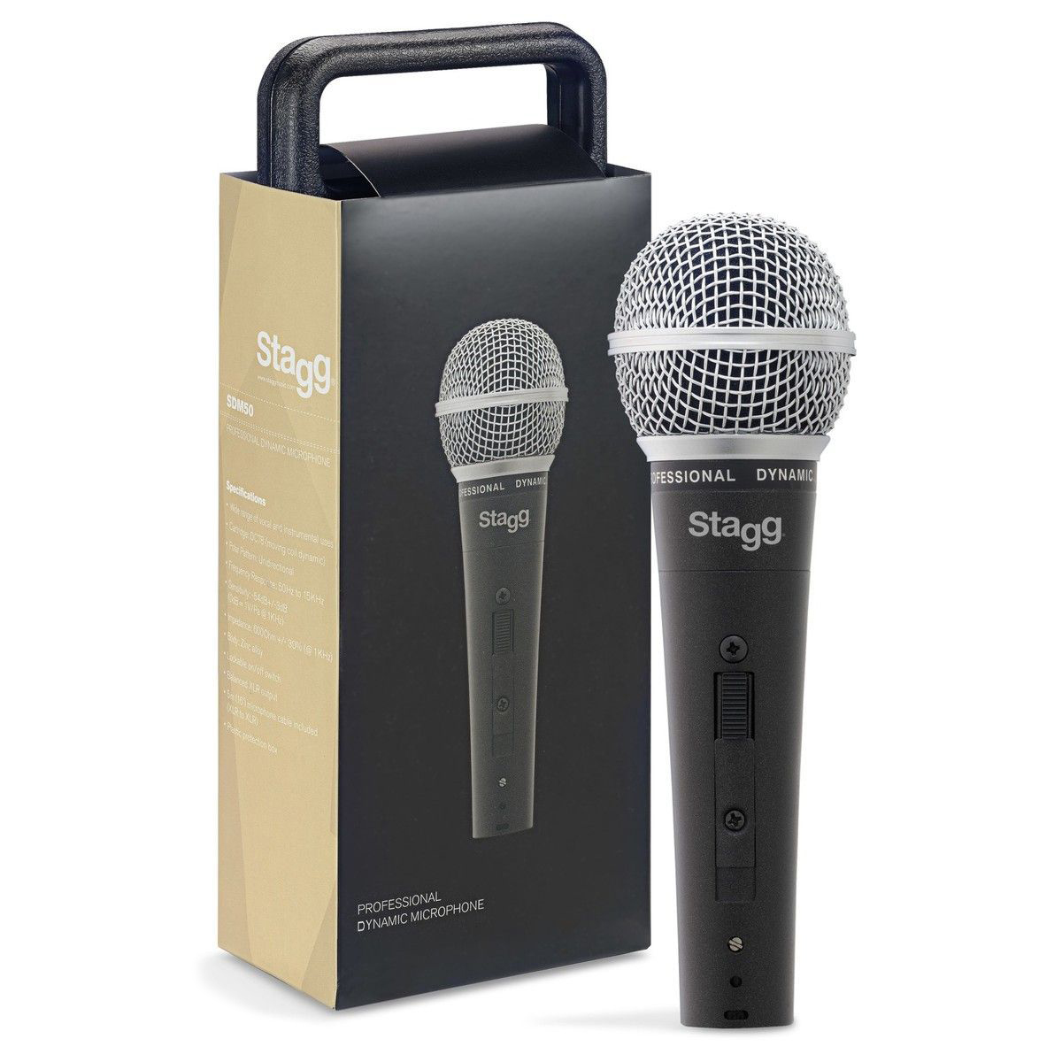 Микрофон STAGG [SDM50] динамический, вокальный, диаграмма кардиоида, АЧХ 50-15000 Гц, чувств. -54 дБ, сопр. 600 Ом, разъем XLR, корпус цинк, переключатель вкл/выкл, цвет черный с серебристой сеткой, в комплекте кабель XLR-XLR 5 м