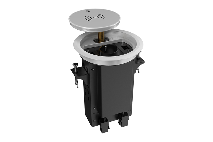 Лючок врезной в стол Wize Pro [WRTS-RRSX-S] моторизованная крышка с беспроводной QI зарядкой, розетка 220В -1 шт, 4 отверстия keystone для модулей WRTS-RR, серебристый