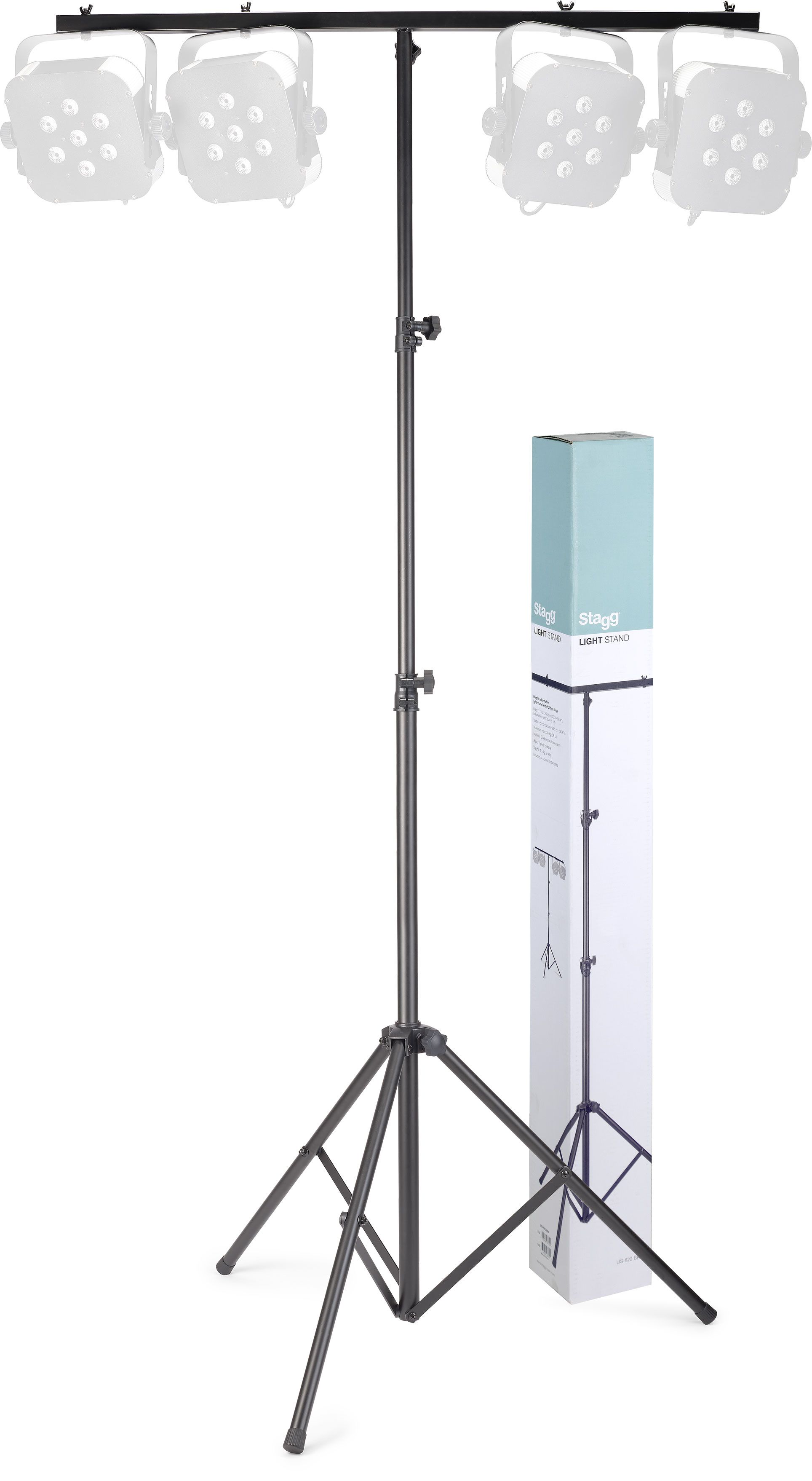 Стойка для световых приборов STAGG [LIS-0822 BK] Т-образная, 3-х секционная с винтовыми зажимами и блокировкой, прочная стальная конструкция с треногой, высота 110-250 см, длина перекладины 90,5 см, максимальная нагрузка 30 кг, вес 4,5 кг, цвет черный