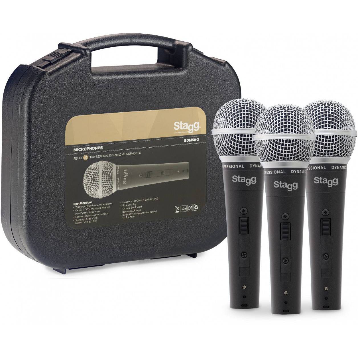 Комплект микрофонов STAGG [SDM50-3] 3 шт. SDM50, диаграмма кардиоида, АЧХ 50-15000 Гц, чувств. -54 дБ, сопр. 600 Ом, разъем XLR, корпус цинк, переключатель вкл/выкл, цвет черный с серебристой сеткой, в комплекте 3 кабеля XLR-XLR 5 м, пластиковый футляр