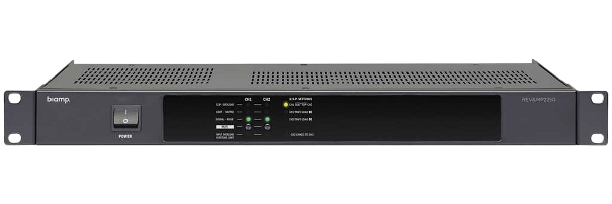 Усилитель BIAMP [REVAMP2250] (APART) 2-канальный, трансляционный: 2х350Вт /4Ом; 2х175Вт /8Ом. Bridge:700Вт/8Ом. Вх.: 2хRCA/2хEuroblock. Вых.:2xEuroblock/2хSpeakON. 1U.