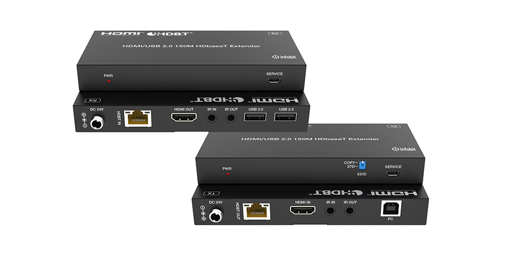 Удлинитель HDMI Infobit [E150U2] (Tx и Rx) 18,0 Гбит/с, 1080p до 150 м, 4K/60 до 120 м. Двунаправленный ИК, POC, KVM, HDCP 2.3. USB 2.0 Поддержка сенсорного экрана и камеры.