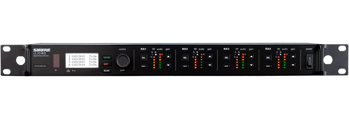 Цифровой четырехканальный приемник SHURE [ULXD4QE=-G65] съемные антенны, крепление в рек, Dante, 470 - 606 МГц