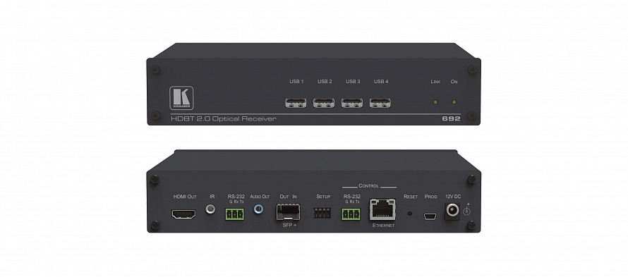 Приемник сигнала Kramer Electronics 692 HDMI, Audio, RS-232, ИК, USB и Ethernet по волоконно-оптическому кабелю для модулей SFP. Для работы требуются модули OSP-MM1 или OSP-SM10; поддержка 4К60 4:2:0
