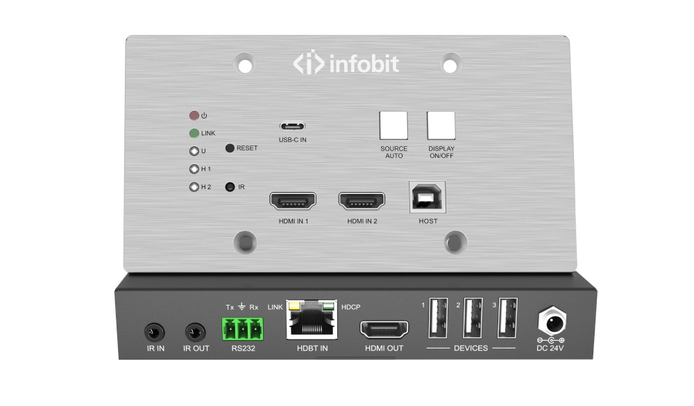 Комплект настенной панели HDBaseT Infobit [WP301-Kit] (комплект для передачи и приема), HDMI 2.0 18 Гбит/с, 70 м для 1080p, 40 м для 4K/60 Гц, HDCP2.2, PoC, двунаправленный ИК и RS232. (2 места)