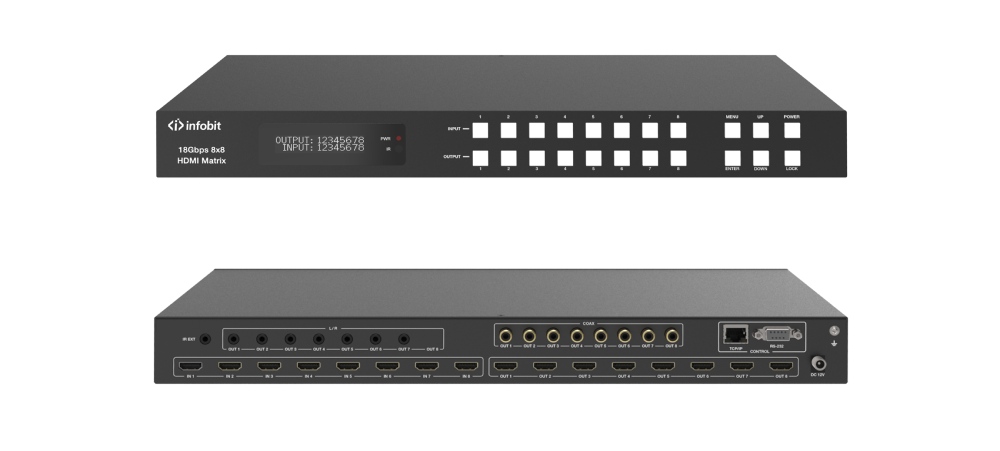 Матричный коммутатор Infobit [iMatrix H88A] HDMI 4K60, 8х8, 3840x2160/60 Гц; 8 LR аудиовыходов, 8 коаксиальных аудиовыходов.