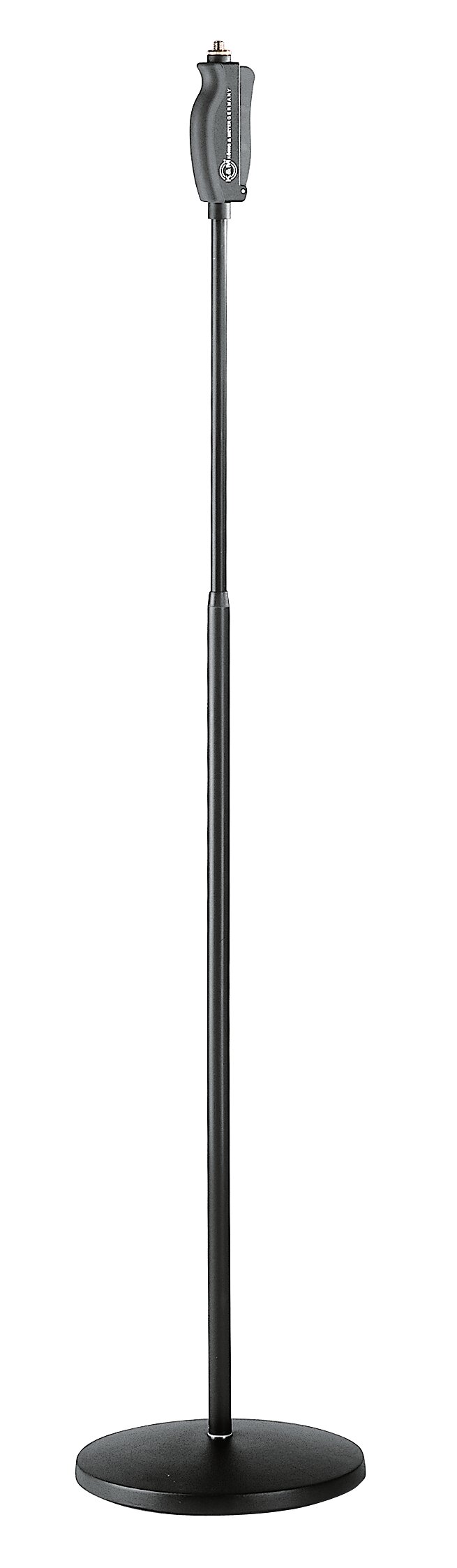 Прямая микрофонная стойка K&M [26085-300-55] высота от 1060 до 1790 мм, круглое чугунное основание, механизм регулировки высоты одной рукой "Soft-Touch", материал стойки - алюминий, цвет черный