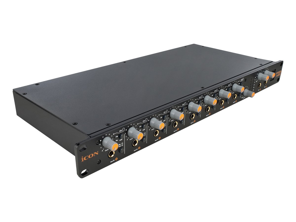 Аудиоинтерфейс USB [110309A2002] Icon [UMix 1010 Rack] АЦП/ЦАП: 24 бит/192 кГц, 22-22000 Гц, 114 дБ, S/N: -114 дБ, THD+N: -100 дБ, 8xXLR/TRS, 8x1/4" TRS/ 8x1/4" TRS выходов, 2x1/4" TRS, RCA S/PDIF, MIDI, USB-B