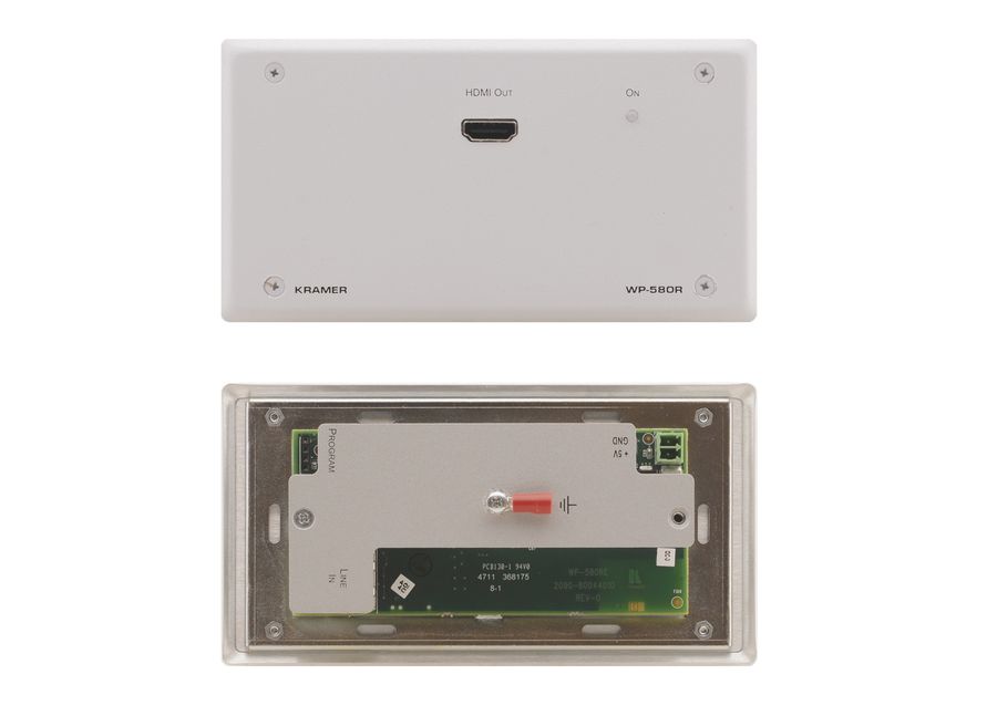 Настенная панель, приёмник Kramer Electronics [WP-580R/EU(W)-86] сигнала HDMI, RS-232 и ИК из кабеля витой пары (TP), до 70 м