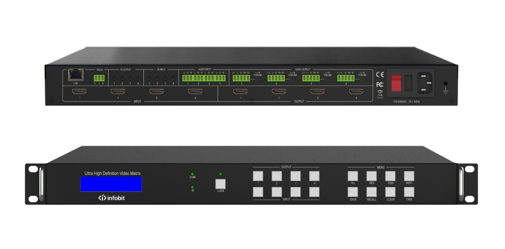 Матричный коммутатор 4K60 HDMI Infobit [iMatrix H44HAW], 4х4, 3840x2160/60Hz, бесподрывное переключение, аудио и ИК матрица, поддержка видеостены.