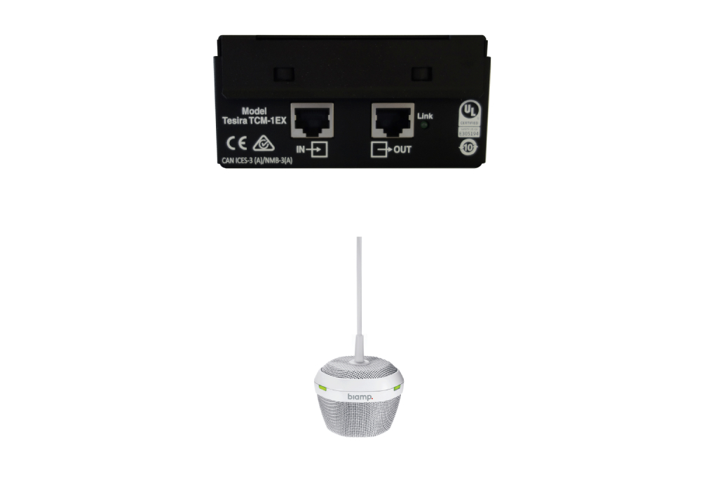 Микрофон BIAMP [Parle/TesiraTCM-1EX(White)] (вспомогательный к TCM-1):подвесной, технология Beamtracking(AVB);3 зоны по 120°;LED mute индикаторы; 2хRJ45 (link, макс.3 микрофона).2-pin 3.5mm Phoenix.PoE.Макс.расстояние м/д mic:10м. Кабель:3м.Цвет:белый.