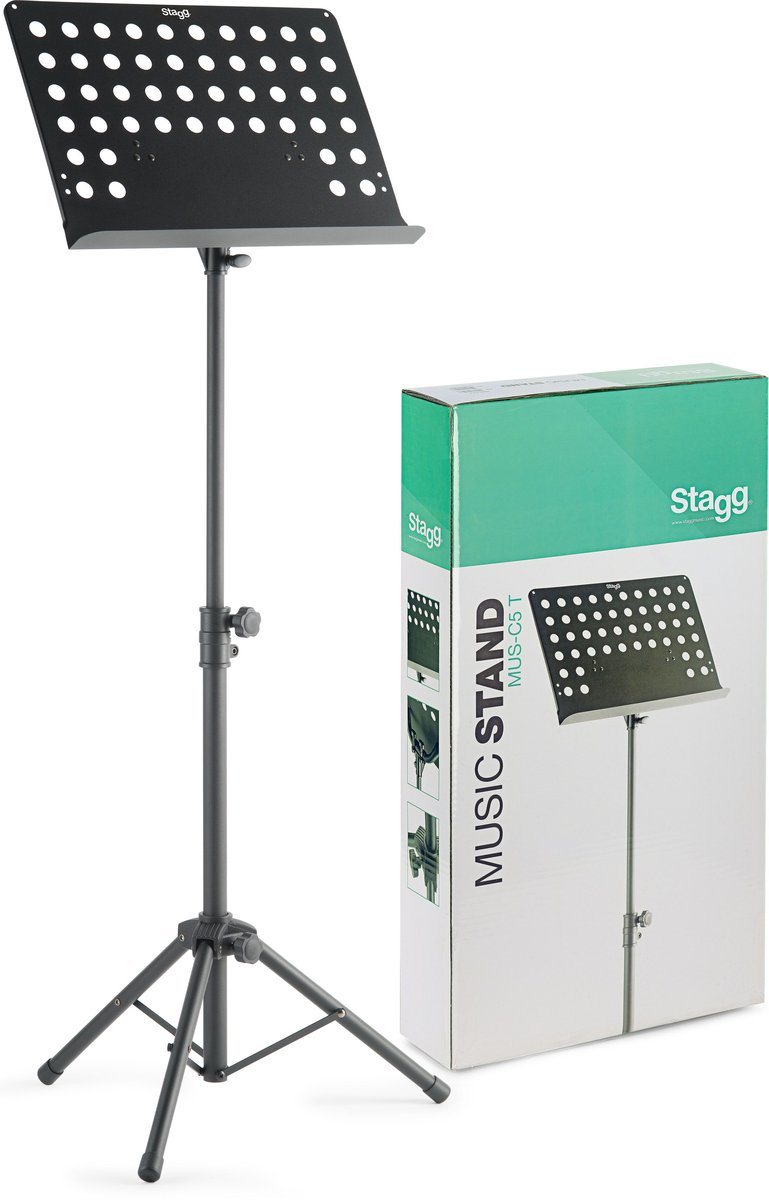Пюпитр оркестровый STAGG [MUS-C5 T] 2-х секционный с винтовым фиксатором, металлический держатель с регулировкой угла наклона, прочная металлическая конструкция со складными ножками, размеры: 47,5х34,5 см, высота 70-110 см, вес 2,9 кг, цвет черный