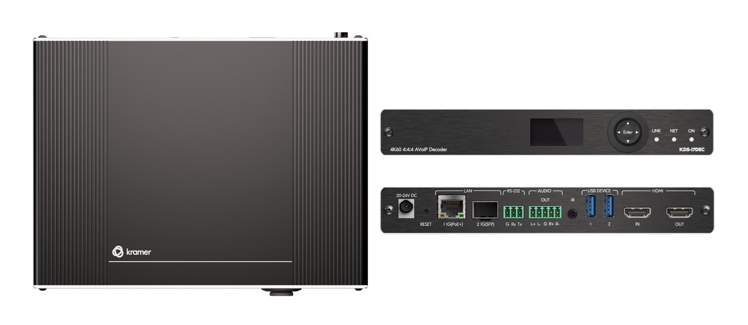 Декодер из сети Ethernet видео HD, Аудио Kramer Electronics [KDS-17DEC] RS-232, ИК, USB; поддержка 4K60 Гц 4:4:4, PoE, JPEG2000
