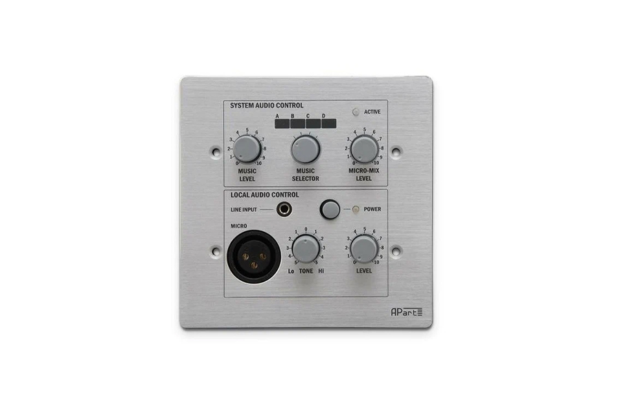 Настенная панель управления BIAMP [PM1122RL] (APART) для предусилителя PM1122: выбор источника, регулировка громкости. Mic(XLR) и Line(mini-jack) вх. Кабель: CAT5. Монтажные коробки BBI1 и BB1 опц-но. 80 x 115 мм (40 мм глубина за фланцем). Цвет: серый.