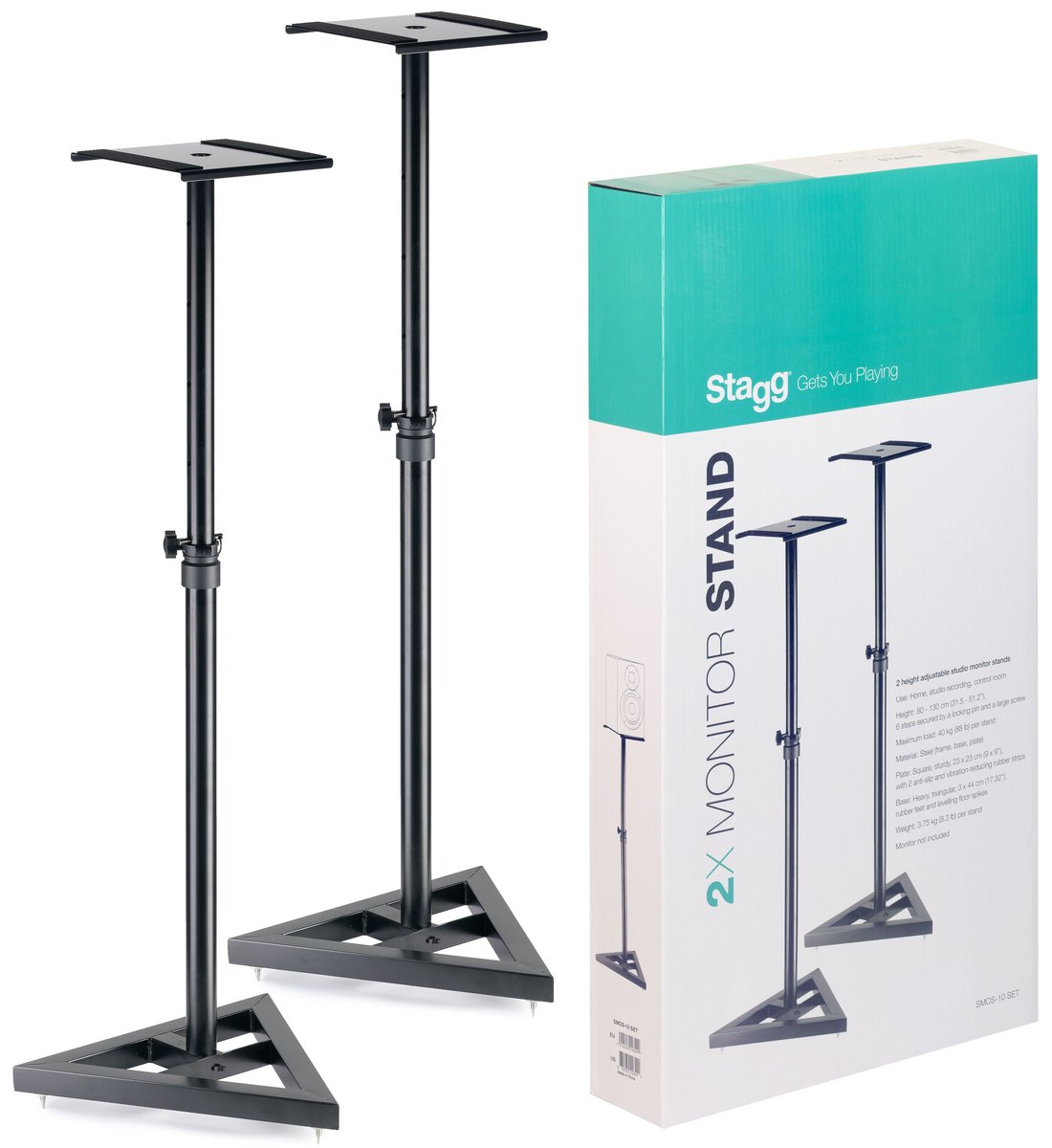 Комплект стоек STAGG [SMOS-10 SET] 2 стойки для студийных мониторов, металлическая конструкция с треугольным основанием 44х44х44 см, размер полочки 23х23 см, высота 80-110 см, 4 фикс. положения, макс. нагрузка 40 кг, вес 3,75 кг (шт.), цвет черный