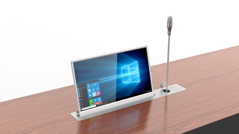 Моторизированный выдвижной монитор Forward Voice Wize Pro [WR-17FV] 17,3" тонкая рамка, антибликовое покрытие, проходное питание, лифт для микрофона, угол наклона: управляемый 30°, толщина монитора 9 мм, серебр
