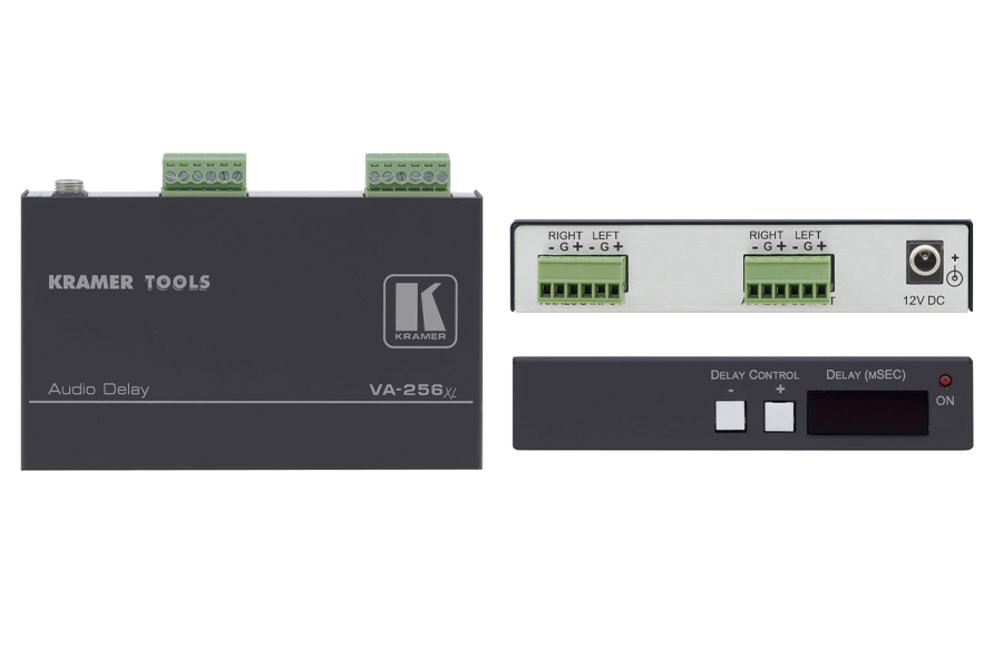 Линия задержки аудиосигнала Kramer Electronics [VA-256XL] программируемая задержка от 1мс до 5,4 с шагом 1мс, разрешение 24 бит на частоте 48 кГц.