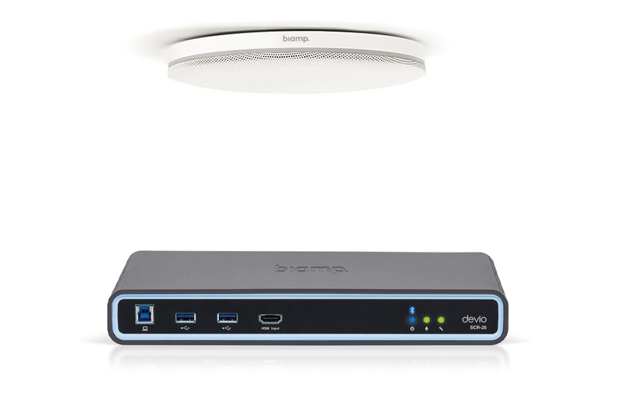 Микрофон с аудиопроцессором BIAMP [DevioSCR-25CX(White)] В комплекте: аудиопроцессор (хаб) SCR-25(Bluetooth) 1 шт. + потолочный микрофон TСM-XEX 1 шт.: технология Beamtracking; 4 зоны по 90°; LED mute индикаторы; RJ45. Цвет:белый