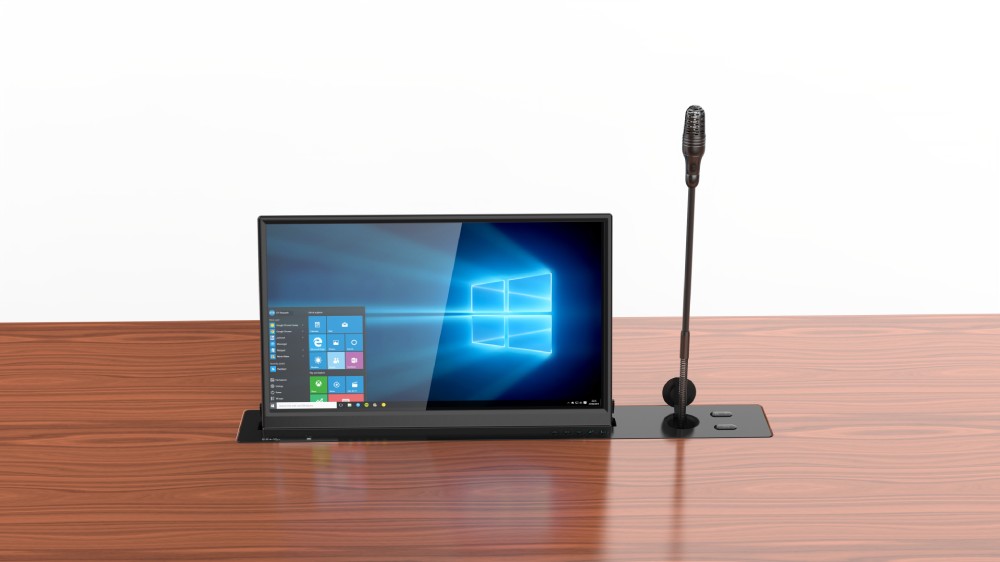 Моторизированный выдвижной монитор Wize Pro [WR-15FV Touch] Forward Voice 15.6" тонкая рамка, антибликовое покрытие, проходное питание, лифт для микрофона, угол наклона: управляемый, 30 градусов, толщина монитора 6,5 мм, черный