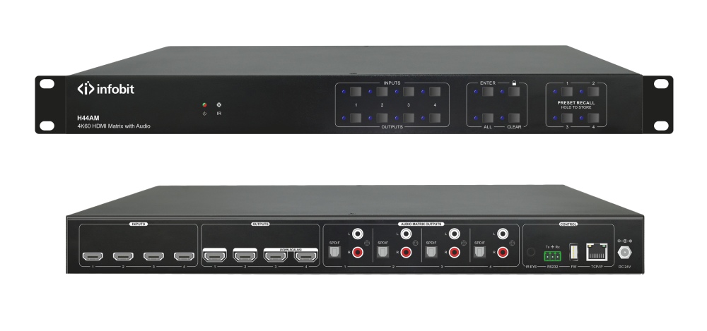 Матричный коммутатор Infobit [iMatrix H44AM] HDMI 4K60, 4х4, 3840x2160/60 Гц; 4 цифровых аудиовыхода SPDIF, 4 аудиовыхода Toslink с поддержкой Audio Matrix/Downscaling/AOC