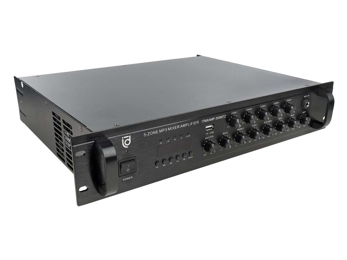 Микшер-усилитель Intrend [ITMXAMP-350MTZ] зональный, 5 зон. MP3, FM-тюнер, USB, Bluetooth, 3хMic/2хLine входы, 1хLine выход, 350 Вт, 4-16 Ом/100V, IR-пульт в комплекте