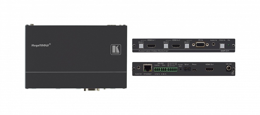 Передатчик Kramer Electronics [DIP-31] HDMI / VGA, стерео аудио, двунаправленного RS-232 и Ethernet по HDMI с кнопкой управления коммутатором Step-In; локальный аудиовыход, память EDID, поддержка 4К60 4:2:0