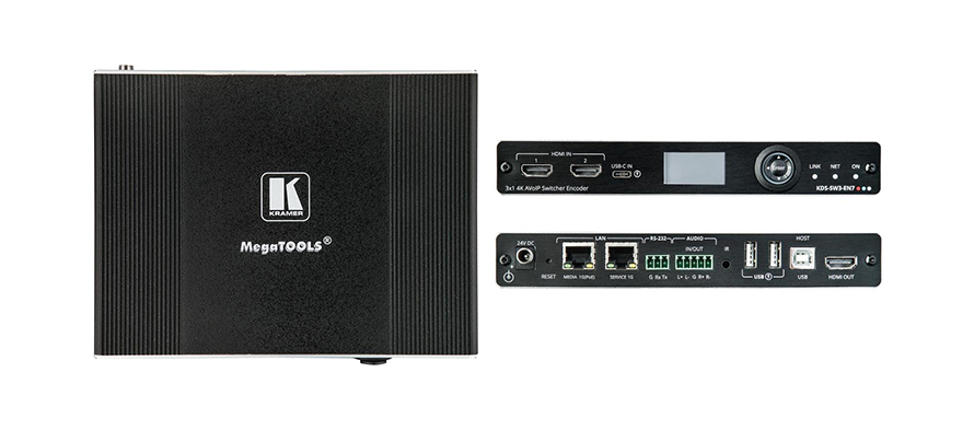 Кодер и передатчик в сеть Ethernet видео HD Kramer Electronics [KDS-SW3-EN7] RS-232, ИК, USB с коммутатором 2х1 HDMI + USB-C; работает с KDS-DEC7, поддержка 4К60 4:2:0, Dante
